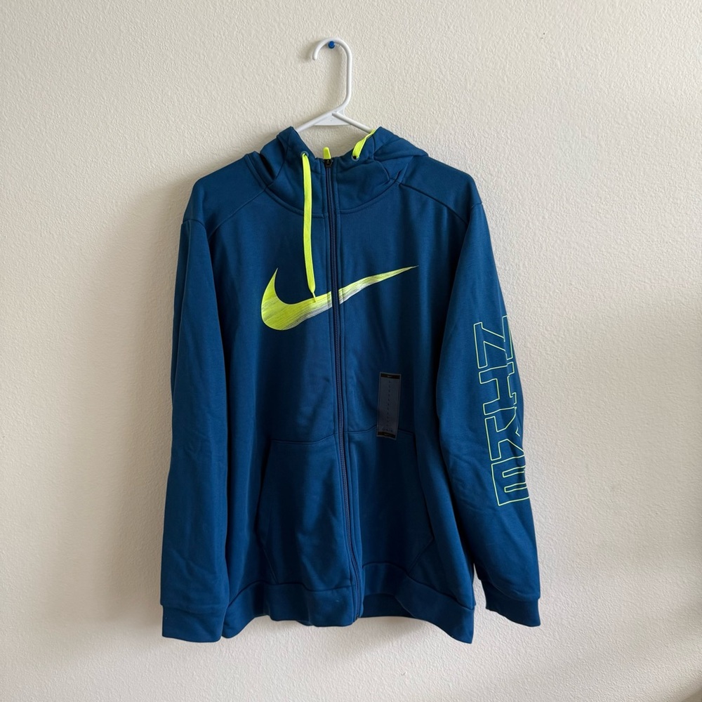 Nike Navy and Neon Green Zip-Up Hoodie